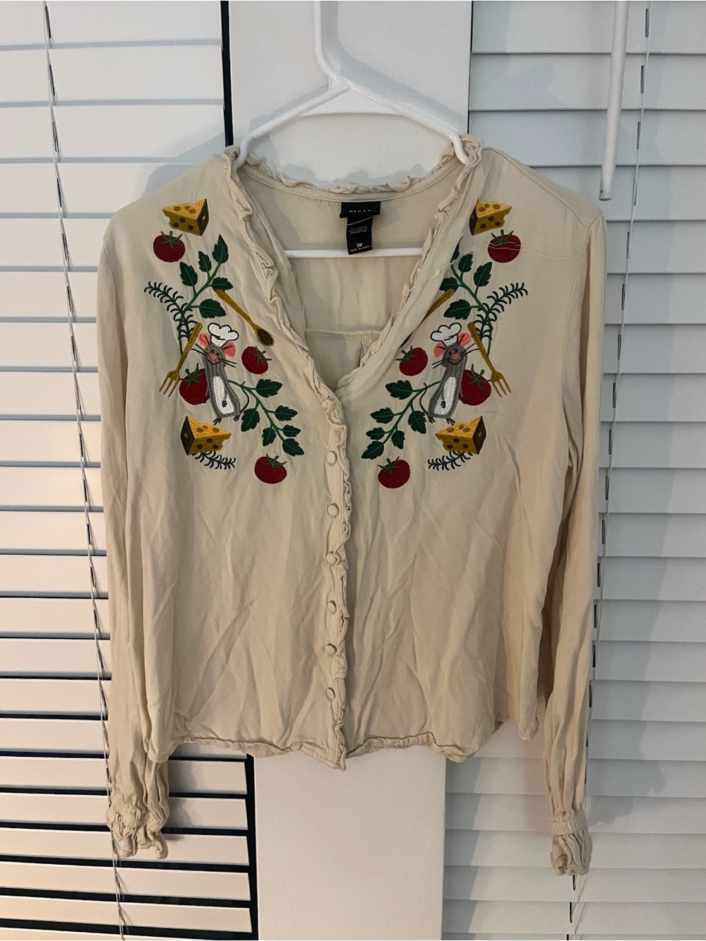 Her Universe Cream Embroidered Button-Front Top with Red & Green Motifs